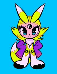 Rule 34 | 1girl, animal ears, blonde hair, blue background, chest tuft, digimon, dot nose, eyebrow piercing, eyeshadow, facial mark, frown, jinx88 (jinx), long hair, makeup, personification, piercing, purple eyeshadow, purple sleeves, renamon, simple background, sleeves past fingers, sleeves past wrists, solo, yin yang
