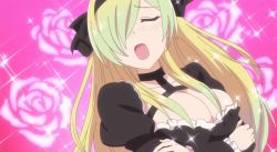Rule 34 | 1girl, animated, animated gif, anime screenshot, arms under breasts, black dress, blonde hair, blush, bouncing breasts, breasts, cleavage, closed eyes, dress, frey (megami-ryou no ryoubo-kun), frilled dress, frilled sleeves, frills, hair over one eye, large breasts, long hair, long sleeves, megami-ryou no ryoubo-kun, open mouth, solo