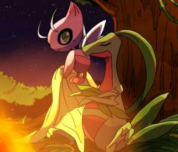 Rule 34 | alternate color, antennae, blanket, blush, bush, celebi, closed eyes, closed mouth, covering with blanket, creatures (company), crossed arms, fairy, fairy wings, fire, floating, full body, game freak, gen 2 pokemon, gen 3 pokemon, green eyes, grovyle, happy, holding, holding blanket, legendary pokemon, light blush, mumu (pixiv2105321), mythical pokemon, night, night sky, nintendo, plant, pokemon, pokemon (creature), pokemon mystery dungeon, pokemon mystery dungeon: explorers of time/darkness/sky, shiny pokemon, sitting, sky, sleeping, smile, star (sky), starry sky, tree, vines, wings