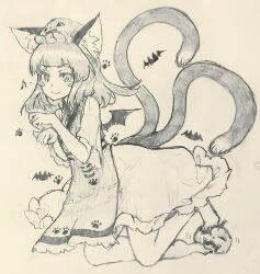 Rule 34 | 1girl, :3, animal ears, bare legs, barefoot, bat wings, beamed eighth notes, blunt bangs, blush stickers, carbohydrate (asta4282), cat ears, cat tail, chen, closed mouth, commentary request, dress, flat chest, foul detective satori, full body, hat, highres, jack-o&#039;-lantern, kneeling, long hair, looking at viewer, mob cap, monochrome, multiple tails, musical note, nekomata, paw pose, paw print, short sleeves, sketch, solo, tabard, tail, touhou, traditional media, two tails, v-shaped eyebrows, wings