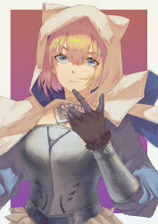 Rule 34 | 1girl, absurdres, black gloves, blonde hair, blue dress, blue eyes, breasts, brown dust 2, chest armor, cloak, closed mouth, dress, expressionless, eyebrows hidden by hair, gloves, hair between eyes, highres, hood, hooded cloak, jewelry, justia (brown dust), looking at viewer, medium breasts, mikon sama, necklace, pearl necklace, short hair, simple background, small horns, solo, upper body, vambraces, white cloak