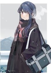 Rule 34 | 1girl, absurdres, bag, black skirt, black sweater, blue hair, blush, breath, brown coat, building, cityscape, coat, cold, dark blue hair, eyes visible through hair, from side, gradient hair, grey sky, hair over one eye, hands in pockets, highres, long hair, long sleeves, looking at viewer, maegami (daisuki oekaki1), mountain, mountainous horizon, multicolored hair, open mouth, outdoors, pink eyes, pink hair, red scarf, scarf, school bag, shima rin, shoulder bag, sidelocks, skirt, sky, snowing, solo, sweater, swept bangs, teeth, winter, winter clothes, winter coat, winter uniform, yurucamp