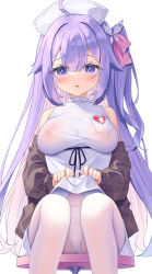 Rule 34 | 1girl, ahoge, azur lane, black jacket, blush, bow, bow panties, breasts, clothes lift, covered erect nipples, dress, dress lift, feet out of frame, hair between eyes, hair intakes, hat, highres, jacket, large breasts, lifted by self, long hair, long sleeves, looking at viewer, nurse, nurse cap, off shoulder, one side up, panties, panties under pantyhose, pantyhose, parted lips, puffy long sleeves, puffy sleeves, purple eyes, purple hair, satsuki yukimi, see-through, simple background, sitting, sleeveless, sleeveless dress, sleeves past wrists, solo, stool, underwear, unicorn (azur lane), very long hair, white background, white dress, white panties, white pantyhose