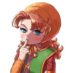 Rule 34 | 1girl, arinsu (kodamamaimai), bad id, bad twitter id, curly hair, dragon quest, dragon quest vii, dress, finger to mouth, hood, long hair, looking at viewer, maribel (dq7), simple background, solo, white background