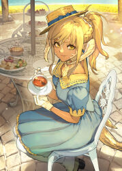 Rule 34 | 1girl, absurdres, au ra, blonde hair, boater hat, breasts, cafe, cup, dark-skinned female, dark skin, dragon horns, dragon tail, dress, final fantasy, final fantasy xiv, gloves, hide (hideout), highres, horns, long hair, looking at viewer, medium breasts, ponytail, scales, sitting, solo, tail, teacup, teapot, warrior of light (ff14), yellow eyes
