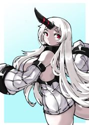Rule 34 | 1girl, abyssal ship, ass, backless outfit, breasts, claws, colored skin, detached sleeves, dress, from behind, gorget, highres, horns, kantai collection, large breasts, looking back, no bra, pale skin, red eyes, ribbed dress, ribbed sleeves, seaport princess, short dress, sideboob, single horn, solo, sweater, sweater dress, thick thighs, thighs, white hair, white skin, zanamaoria