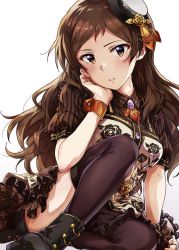 Rule 34 | 1girl, arm support, ayano yuu (sonma 1426), black footwear, black panties, black thighhighs, boots, breasts, brooch, brown dress, brown eyes, brown hair, collared dress, convenient leg, dress, floral print, flower, frilled dress, frills, hand on own cheek, hand on own face, hat, hat flower, high heel boots, high heels, highres, idolmaster, idolmaster million live!, idolmaster million live! theater days, jewelry, kitazawa shiho, knee up, layered clothes, long hair, looking at viewer, medium breasts, messy hair, mini hat, panties, parted lips, short dress, short sleeves, simple background, sitting, solo, striped clothes, striped dress, thighhighs, underwear, vertical-striped clothes, vertical-striped dress, white background, wrist cuffs