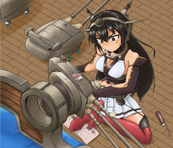 Rule 34 | 10s, 1girl, 46cm triple gun mount, bare shoulders, black hair, breasts, brown hair, elbow gloves, fairy (kancolle), feet, gloves, headgear, kantai collection, kasupikai, large breasts, long hair, maintenance musume (kancolle), miniskirt, nagato (kancolle), navel, no shoes, personification, red eyes, screwdriver, skirt, socks, soles, solo, thighhighs, zettai ryouiki