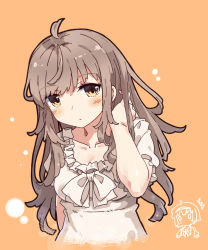 Rule 34 | 0 0, 2girls, ^^^, ahoge, blush, brown background, brown eyes, brown hair, cevio, character request, chibi, chibi inset, closed mouth, dress, hairband, hand up, highres, long hair, looking at viewer, multiple girls, normaland, puffy short sleeves, puffy sleeves, satou sasara, short sleeves, solo focus, very long hair, white dress