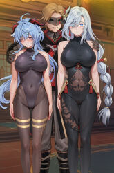 1boy 2girls ahoge bare_shoulders black_bodysuit black_gloves blonde_hair blue_eyes blue_hair blush bodystocking bodysuit breasts closed_mouth clothing_cutout coat covered_erect_nipples covered_navel cyclone_(reizei) earrings eye_mask fur-trimmed_hood fur_trim ganyu_(genshin_impact) genshin_impact gloves gluteal_fold goat_horns grey_hair grey_pants hair_between_eyes hair_ornament hair_over_one_eye hand_on_another&#039;s_shoulder highleg highleg_leotard highres hip_vent hood horns indoors jewelry large_breasts leotard long_hair looking_at_viewer low-braided_long_hair low-tied_long_hair multiple_girls navel_cutout pants parted_bangs purple_eyes red_shirt shenhe_(genshin_impact) shirt short_hair smile standing tassel tassel_earrings thigh_cutout tile_floor tiles