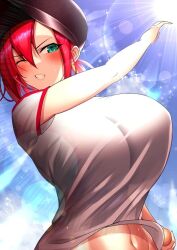 Rule 34 | 1girl, blue sky, boudica (fate), breasts, fate/grand order, fate (series), green eyes, hat, large breasts, lee-taro, light, light rays, navel, one eye closed, red eyes, shirt, short sleeves, sky, solo, sunlight, white shirt