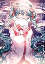Rule 34 | 1girl, absurdres, aqua eyes, aqua hair, chinese clothes, chuushuu meigetsu miku, commentary, covering own mouth, fan over face, floral print, flower, ggatip, hagoromo, hair flower, hair ornament, half-closed eyes, hand fan, hatsune miku, highres, huge filesize, long hair, looking at viewer, moon, night, paper fan, rose, shawl, sky, solo, star (sky), starry sky, tassel, twintails, uchiwa, upper body, very long hair, vocaloid, wide sleeves