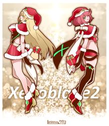 Rule 34 | 2girls, alternate costume, artist name, blonde hair, boots, breasts, christmas, cleavage, dress, elbow gloves, gem, gift, gloves, glowing, green eyes, hat, highres, jewelry, large breasts, lesuna, long hair, looking at viewer, multiple girls, mythra (xenoblade), nintendo, one eye closed, pyra (xenoblade), red eyes, red hair, ribbon, santa hat, short hair, short shorts, shorts, sidelocks, thigh strap, thighhighs, very long hair, xenoblade chronicles (series), xenoblade chronicles 2