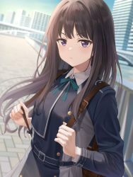 Rule 34 | 1girl, absurdres, backpack, bag, belt, black hair, blue belt, blue dress, blurry, blurry background, brown bag, building, closed mouth, collared shirt, commentary request, dress, fujizarashi, green ribbon, grey dress, highres, inoue takina, long hair, looking at viewer, lycoris recoil, lycoris uniform, neck ribbon, outdoors, pleated dress, purple eyes, ribbon, school uniform, shirt, skyscraper, solo, two-tone dress, white shirt