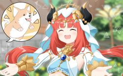 Rule 34 | 1girl, :d, ^ ^, animal, blurry, blurry background, breasts, closed eyes, commentary request, depth of field, dog, genshin impact, highres, horns, horns through headwear, long hair, long sleeves, low twintails, mitya, nilou (genshin impact), notice lines, open mouth, outstretched arms, puffy long sleeves, puffy sleeves, red hair, small breasts, smile, solo, teeth, twintails, upper body, upper teeth only, veil, very long hair