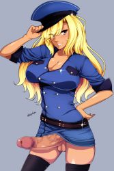 Rule 34 | 1futa, black thighhighs, blonde hair, breasts, censored, character request, cleavage, dress, erection, full-package futanari, futanari, grey background, hand on own hip, hat, highres, hiromin, large breasts, long hair, looking at viewer, mosaic censoring, no panties, penis, red eyes, short dress, smile, solo, tagme, tan, testicles, thighhighs, uniform
