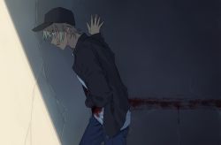 Rule 34 | 1boy, amuro tooru, baseball cap, black hat, black jacket, bleeding, blonde hair, blood, blood on clothes, blood on face, blood on hands, blood splatter, blue eyes, blue pants, casual, closed mouth, commentary request, hair between eyes, hand on wall, hat, jacket, k (gear labo), long sleeves, looking to the side, male focus, meitantei conan, open clothes, open jacket, pants, shadow, shirt, short hair, smile, solo, standing, sweat, wall, white shirt, zipper pull tab