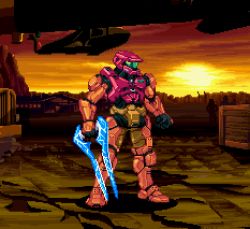 Rule 34 | 1boy, alternate color, armor, black gloves, clenched hand, energy sword, gloves, halo (series), holding, holding sword, holding weapon, kdekercy, male focus, master chief, metroid, nintendo, pixel art, power armor, samus aran, solo, spartan (halo), sunset, sword, type-1 energy sword, visor, weapon