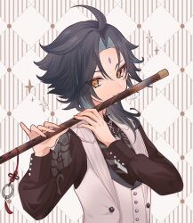 Rule 34 | 1boy, ahoge, black hair, facial mark, forehead mark, genshin impact, highres, holding, holding instrument, instrument, long sleeves, looking at viewer, male focus, multicolored hair, music, playing instrument, shirt, signature, simple background, solo, sparkle, tamamura (tmmr5), tassel, vest, white vest, xiao (genshin concert) (genshin impact), xiao (genshin impact), yellow eyes