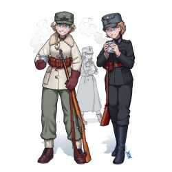 Rule 34 | 3girls, absurdres, boots, borrowed character, cup, finland, finnish clothes, gun, hat, highres, holding, holding cup, lotta svaerd, military, multiple girls, original, ostwindprojekt, peaked cap, rifle, socks, sweden, swedish uniform, united states, weapon, winter, winter clothes, world war ii
