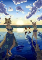 Rule 34 | 4girls, :d, alternate costume, animal ears, arm at side, arm up, australian devil (kemono friends), backlighting, bare arms, bare legs, bare shoulders, barefoot, beach, bikini, bikini skirt, bikini under clothes, blonde hair, breasts, brown eyes, brown hair, cleavage, closed mouth, cloud, denim, denim shorts, dingo (kemono friends), dog ears, dog girl, dog tail, full body, hair between eyes, halterneck, hand up, hane (kirschbaum), high ponytail, highres, horizon, kangaroo ears, kangaroo tail, kemono friends, light brown hair, looking at viewer, morning, multicolored hair, multiple girls, navel, ocean, open clothes, open mouth, open shorts, outdoors, outstretched arm, outstretched hand, red kangaroo (kemono friends), reflection, ripples, running, shorts, sky, smile, spread fingers, standing, standing on one leg, stomach, sun, sunrise, swimsuit, swimsuit under clothes, tail, tasmanian devil (kemono friends), tasmanian devil ears, tasmanian devil tail, twintails, unbuttoned, water