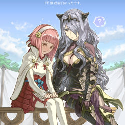 Rule 34 | 2girls, ?, armor, between breasts, black armor, blue sky, blush, breasts, camilla (fire emblem), cleavage, cloud, day, fire emblem, fire emblem fates, fire emblem warriors, gloves, hair ornament, hair over one eye, hairband, japanese clothes, large breasts, long hair, mooncanopy, multiple girls, nintendo, parted lips, pink hair, purple eyes, purple gloves, purple hair, sakura (fire emblem), short hair, sitting, sky, spoken question mark, thighhighs, tiara, white legwear