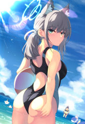 Rule 34 | 3girls, animal ear fluff, animal ears, ass, ball, beachball, blue archive, blue eyes, blue sky, breasts, competition swimsuit, cross hair ornament, earrings, grey hair, hair ornament, hairclip, halo, hand on own ass, highres, hoshino (blue archive), hoshino (swimsuit) (blue archive), jewelry, looking at viewer, looking back, medium breasts, mizuyoukan (mikususannda), multicolored clothes, multicolored swimsuit, multiple girls, one-piece swimsuit, partially immersed, peroro (blue archive), ponytail, serika (blue archive), serika (swimsuit) (blue archive), shiroko (blue archive), shiroko (swimsuit) (blue archive), sky, solo focus, stud earrings, sun, swimsuit