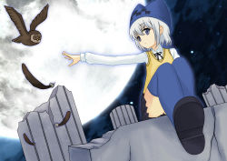 Rule 34 | 10s, 1girl, absurdres, athena (campione!), beanie, bird, blue thighhighs, campione!, cardigan, ears, feathers, full moon, guhua67, hat, highres, long sleeves, looking at viewer, moon, neck ribbon, night, night sky, open mouth, outstretched arm, owl, purple eyes, ribbon, ruins, shoes, short hair, sitting, sky, solo, sweater vest, thighhighs, thighs, white hair