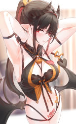 Rule 34 | 1girl, arm strap, armpits, arms up, bare shoulders, black gloves, black hair, black panties, blurry, blurry background, breasts, cleavage, commentary request, cowboy shot, demon girl, demon horns, demon tail, demon wings, depth of field, fingerless gloves, gloves, highres, horns, kfr, lingerie, long hair, looking at viewer, medium breasts, multi-strapped panties, navel, o-ring, o-ring top, original, panties, pointy ears, ponytail, pubic tattoo, red eyes, sidelocks, smile, solo, stomach, demon girl, tail, tattoo, underwear, wings