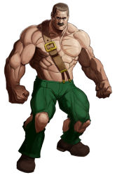 Rule 34 | 1boy, abs, anger vein, belt, black eyes, brown footwear, brown hair, capcom, clenched hand, facial hair, final fight, full body, green pants, looking at viewer, male focus, mike haggar, muscular, mustache, pants, simple background, taka (takahirokun), topless male, torn clothes, torn pants, white background