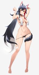 Rule 34 | 1girl, abs, absurdres, animal ear fluff, animal ears, arms up, bad id, bad pixiv id, black hair, black panties, breasts, brown eyes, colored tips, commentary, full body, grey background, hair ornament, hair tie, highres, hololive, legs, long hair, looking at viewer, multicolored hair, navel, ookami mio, panties, panty pull, partially undressed, red hair, revision, solo, standing, stomach, streaked hair, tail, tail around own leg, towel, towel around neck, tying hair, underwear, very long hair, virtual youtuber, wangjook (wj), wet, white hair, wolf ears, wolf tail
