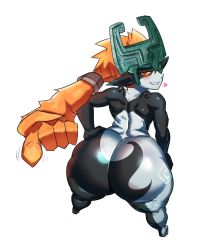Rule 34 | 1girl, ass, black skin, colored sclera, colored skin, demon girl, from above, from behind, full body, grey skin, helmet, highres, huge ass, lip biting, long hair, looking at viewer, looking back, midna, multicolored skin, nintendo, one eye covered, orange hair, pointy ears, red eyes, shiny skin, shortstack, simple background, solo, standing, the legend of zelda, the legend of zelda: twilight princess, thick thighs, thighs, two-tone skin, white background, yellow sclera, ytrall