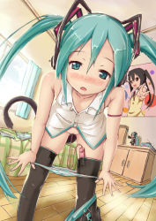 Rule 34 | 1girl, aqua eyes, aqua hair, bare shoulders, bedroom, blush, cat tail, drooling, face, hachune miku, hatsune miku, highres, indoors, k-on!, lat model (mikumikudance), long hair, miu (angelo whitechoc), nakano azusa, panties, panty pull, poster (medium), poster (object), pussy juice, sex toy, solo, striped clothes, striped panties, tail, thighhighs, tissue, tissue box, twintails, uncensored, underwear, undressing, vibrator, vocaloid, wet, wet clothes, wet panties
