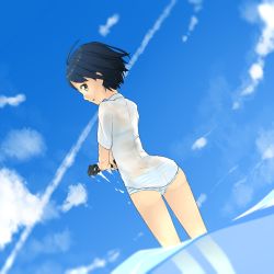 Rule 34 | 1girl, :o, ahoge, arched back, ass, black hair, brown eyes, cloud, day, dutch angle, from behind, looking back, ninnzinn, no pants, original, panties, partially underwater shot, see-through, shirt, sideways mouth, skirt, sky, solo, striped clothes, striped panties, thighs, underwear, wading, water, wet, wet clothes, wet shirt, wringing clothes, wringing skirt