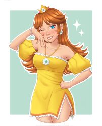 Rule 34 | 1girl, bare shoulders, blue eyes, blush, breasts, brown hair, crown, earrings, flower earrings, grin, hand on own hip, highres, jewelry, looking at viewer, mario (series), medium breasts, necklace, nintendo, one eye closed, princess daisy, skirt, smile, solo, super mario land, thighs, tomboy, wink