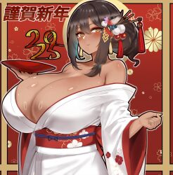 1girl 2025 alternate_costume alternate_hairstyle azur_lane bare_shoulders black_hair breasts brown_eyes cherry_blossom_print cleavage collarbone cup dark-skinned_female dark_skin earrings floral_print gigantic_breasts hair_between_eyes hair_ornament hair_stick hand_up highres holding holding_cup huge_hair_bun japanese_clothes jewelry kimono looking_at_viewer nail_polish obi off_shoulder paundo2 print_sash red_background sakazuki sash sidelocks smile solo south_dakota_(azur_lane) tassel tassel_earrings white_kimono wide_sleeves yellow_nails