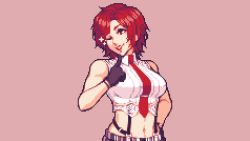 Rule 34 | 1girl, breasts, gloves, highres, large breasts, lipstick, makeup, midriff, mature female, navel, one eye closed, pixel art, red eyes, red hair, snk, the king of fighters, vanessa (kof)
