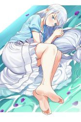 Rule 34 | 1girl, afloat, bare legs, barefoot, blue eyes, blue hair, blue jacket, blush, commentary request, feet, foot focus, full body, hair ornament, hairclip, highres, idolmaster, idolmaster million live!, idolmaster million live! theater days, jacket, light blue hair, long hair, looking at viewer, low-tied long hair, lying, nakamura rohane, on side, parted lips, shiraishi tsumugi, silver hair, soles, solo, toes