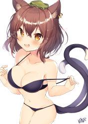 Rule 34 | 1girl, :d, absurdres, aged up, alternate breast size, animal ear fluff, animal ears, artist name, bare arms, bare shoulders, bikini, black bikini, blush, breasts, brown hair, cat ears, cat tail, chen, cleavage, collarbone, commentary request, cowboy shot, green hat, hair between eyes, hands up, hat, heart, heart-shaped pupils, highres, large breasts, looking at viewer, mini hat, mob cap, multiple tails, navel, nekomata, nenobi (nenorium), open mouth, short hair, signature, simple background, smile, solo, standing, stomach, strap pull, swimsuit, symbol-shaped pupils, tail, thighs, touhou, two tails, white background, yellow eyes