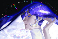 Rule 34 | 1other, absurdres, androgynous, black background, blue eyes, blue hair, closed mouth, colored eyelashes, colored inner hair, crescent, crescent earrings, crystal hair, earrings, from side, hair lift, half-closed eyes, hand up, highres, houseki no kuni, jewelry, lapis lazuli (houseki no kuni), leaille, long hair, looking at viewer, multicolored hair, other focus, portrait, profile, sideways glance, smile, solo
