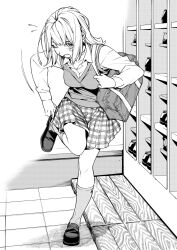Rule 34 | 1girl, bag, one eye closed, original, saeki shun, school uniform, skirt, solo, standing, standing on one leg