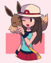 Rule 34 | 1girl, ;d, bag, black wristband, brown eyes, brown hair, commentary, creatures (company), eevee, eyelashes, game freak, gen 1 pokemon, green shirt, hair flaps, hand up, happy, hat, highres, leaf (pokemon), long hair, nintendo, on shoulder, one eye closed, open mouth, pleated skirt, pokemon, pokemon (creature), pokemon frlg, pokemon on shoulder, red skirt, shirt, shoulder bag, sidelocks, skirt, sleeveless, sleeveless shirt, smile, symbol-only commentary, tongue, tyako 089, vs seeker, white headwear, yellow bag