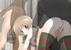 Rule 34 | 1boy, 1girl, blue eyes, blush, braid, braided ponytail, breasts, brown hair, censored, doggystyle, grabbing, grabbing another&#039;s breast, hetero, highres, koyomisa, large breasts, lynette bishop, nipples, nude, ponytail, pussy, sex, sex from behind, strike witches, striped clothes, striped thighhighs, thighhighs, vaginal, world witches series