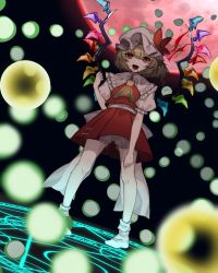 Rule 34 | 1girl, :d, @ @, absurdres, ascot, blonde hair, bloomers, blouse, bobby socks, collared shirt, crystal, danmaku, dutch angle, embodiment of scarlet devil, energy ball, fangs, flandre scarlet, foreshortening, frilled shirt collar, frills, from below, full moon, grey hat, grey shirt, hat, hat ribbon, highres, looking at viewer, magic circle, mob cap, moon, open mouth, puffy short sleeves, puffy sleeves, raised eyebrow, red eyes, red moon, red ribbon, red skirt, red vest, ribbon, sabapi oo, shirt, short hair, short sleeves, skirt, skirt set, smile, socks, solo, spell card, standing, touhou, underwear, vest, white socks, wings, yellow ascot