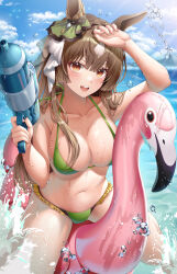 Rule 34 | 1girl, :d, animal ears, arm up, bare arms, bare shoulders, bikini, breasts, brown hair, cleavage, collarbone, day, ear ornament, frilled bikini, frills, green bikini, hair ribbon, halterneck, hand up, highres, holding, horse ears, horse girl, inflatable flamingo, inflatable toy, large breasts, long hair, looking at viewer, mole, mole on breast, multicolored hair, navel, ocean, open mouth, orange eyes, outdoors, revision, ribbon, riding, satono diamond (umamusume), skindentation, smile, solo, ssong2, stomach, string bikini, swimsuit, thighs, two-tone hair, umamusume, very long hair, water, water gun, wet