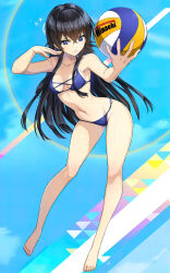 absurdres barefoot bikini black_hair blue_bikini blue_eyes dolphin_wave full_body hagane_otsuki highres long_hair navel official_art ootomo_takuji swimsuit