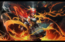 1girl absurdres arknights bare_shoulders belt black_dress black_jacket breasts commentary_request dress fire hair_between_eyes highres homajor horns jacket letterboxed long_hair open_clothes open_jacket purple_eyes red_hair sidelocks slit_pupils solo standing surtr_(arknights)