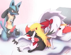 Rule 34 | 1girl, 2boys, absurdres, animal ear fluff, animal ears, animal hands, animal nose, animal penis, artist name, black fur, black hair, blue fur, body fur, braixen, claws, clitoris, colored sclera, creatures (company), cum, cum in pussy, dated, erection, eryz, fangs, flat chest, fox ears, fox girl, fox tail, full body, furry, game freak, gen 4 pokemon, gen 6 pokemon, gen 7 pokemon, gradient background, grin, hair over one eye, hand up, happy sex, head back, heart, hetero, highres, interspecies, jpeg artifacts, kneeling, knotted penis, lucario, lycanroc, lycanroc (midnight), lying, motion lines, multicolored hair, multiple boys, nintendo, on bed, on side, one eye closed, open mouth, penis, pillow, pokemon, pokemon (creature), pokephilia, pussy, pussy juice, red background, red eyes, red fur, red sclera, sex, sharp teeth, signature, simple background, sitting, smile, snout, spikes, spread legs, tail, teeth, testicles, toe scrunch, tongue, tongue out, twitter username, two-tone hair, uncensored, vaginal, watching, white fur, white hair, wolf boy, wolf ears, wolf tail, yellow fur
