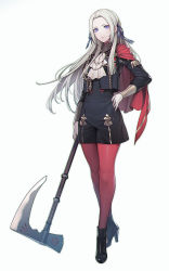 Rule 34 | 1girl, ascot, axe, blonde hair, blue eyes, boots, cape, edelgard von hresvelg, fire emblem, fire emblem: three houses, gloves, hair ornament, hair ribbon, high heel boots, high heels, highres, long hair, looking at viewer, nintendo, pantyhose, pen (steelleets), red cape, ribbon, simple background, solo, uniform, weapon, white background