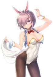 Rule 34 | 1girl, :o, alternate costume, animal ears, arm up, bare shoulders, blue vest, bow, bowtie, breasts, brown pantyhose, cleavage, commentary request, contrapposto, cosplay, covered navel, cowboy shot, detached collar, eyes visible through hair, fate/grand order, fate (series), fou (fate), fou (fate) (cosplay), glasses, hair over one eye, head tilt, highleg, highleg leotard, highres, large breasts, leotard, looking at viewer, mash kyrielight, nullken, pantyhose, pink eyes, pink hair, playboy bunny, rabbit girl, red bow, red bowtie, shiny clothes, short hair, simple background, solo, standing, strapless, strapless leotard, tail, vest, white background, white leotard, wrist cuffs